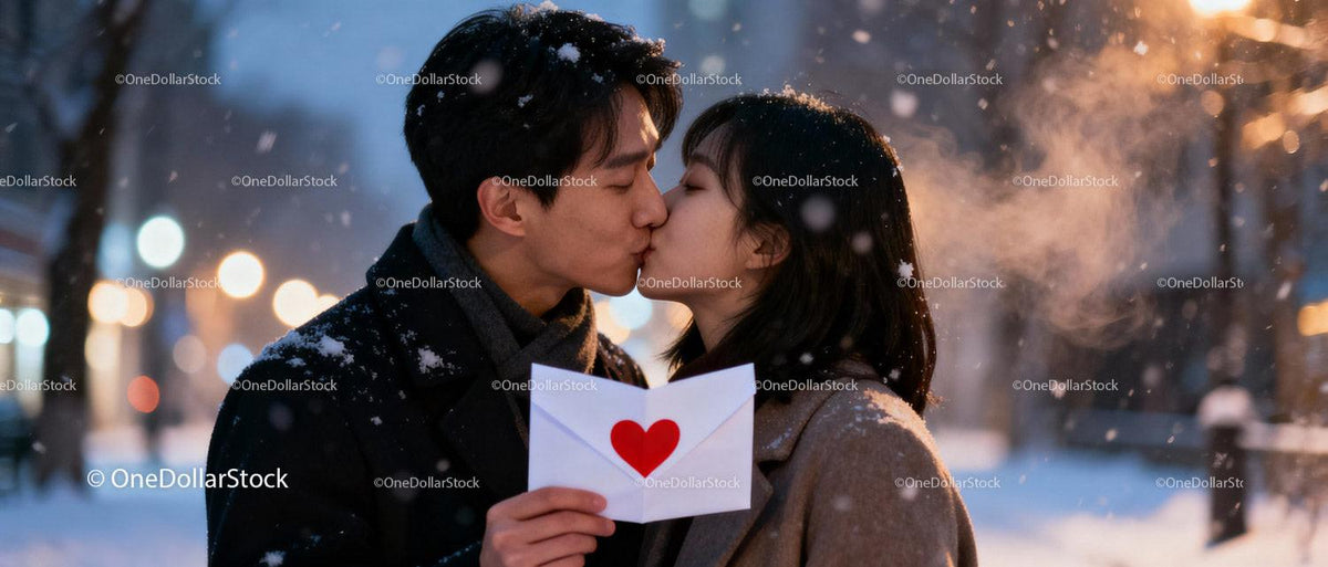 Couple Sharing a Tender Kiss Holding Heart Envelope