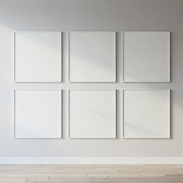 Minimalist blank white frames on bright gallery wall JPG Mockup Image