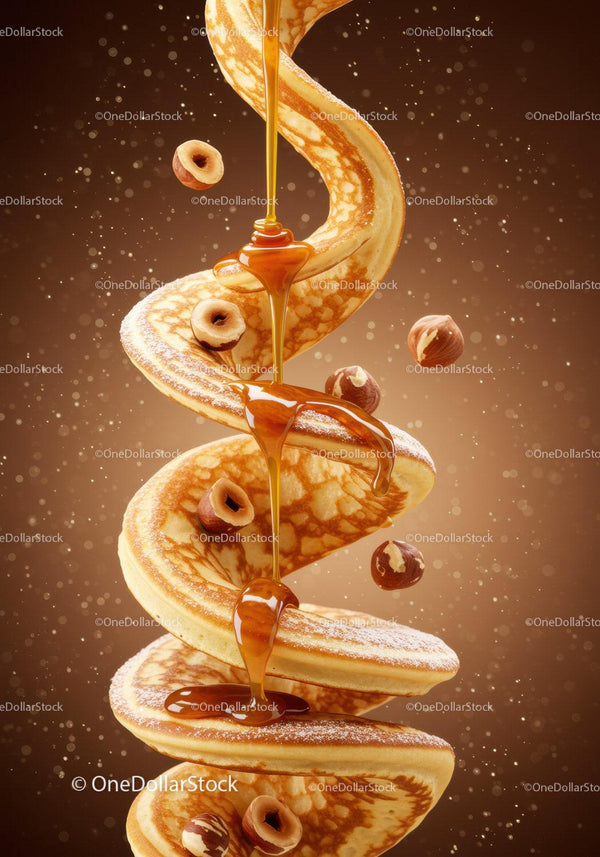 Spiral Stack of Pancakes Drizzled with Honey and Hazelnuts