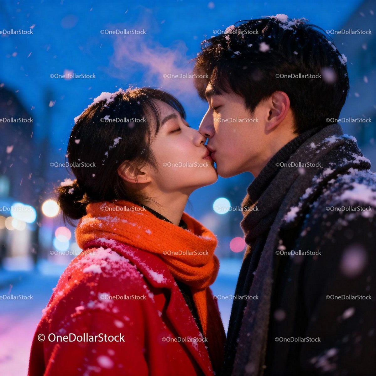 Couple sharing a tender kiss in snowy winter evening