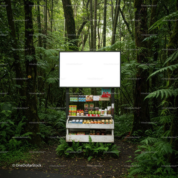 Outdoor vending machine stocked in lush green forest JPG Mockup Image