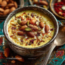 Traditional Saffron Flavored Indian Dessert with Nuts in Silver Bowl