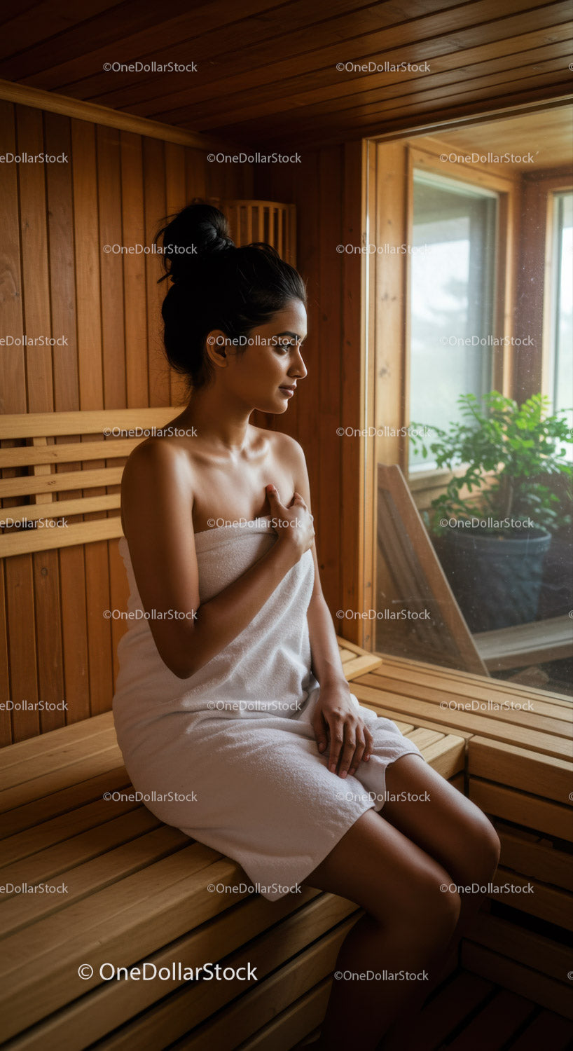 Relaxing Woman Sitting in Sauna with Wooden Interior and Natural Light