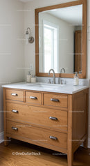 Elegant Wooden Bathroom Vanity with Large Mirror and Marble Top