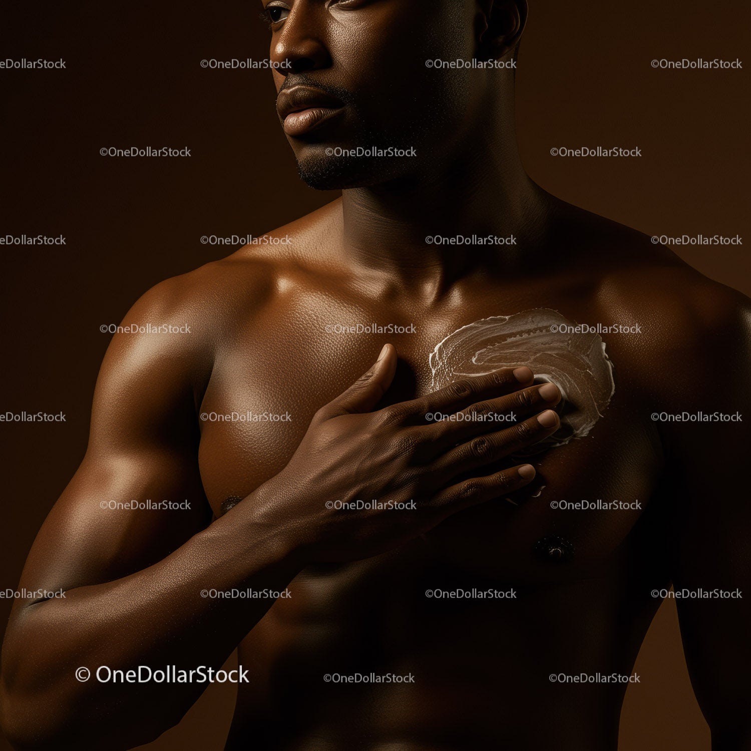 Strong Male Model with Sculpted Muscular Chest and Skin Care Routine