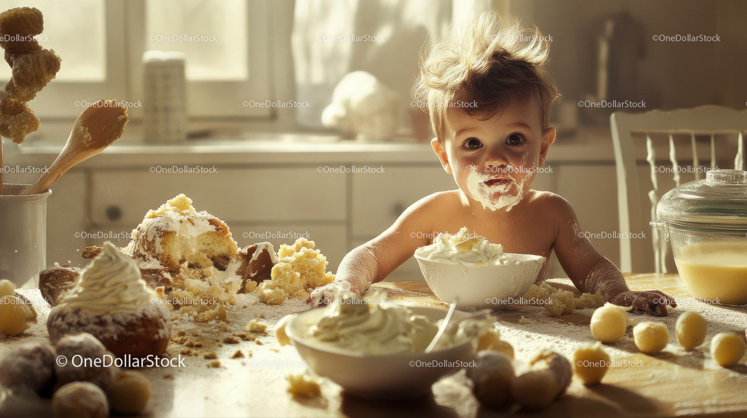 Young Child Baking Cookies with Flour in Cozy Home Kitchen