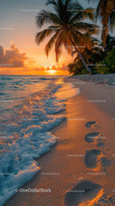 Tropical Beach Sunset with Palms and Footprints in Sand