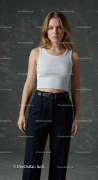 Elegant Young Woman in White Crop Top and Black Trousers