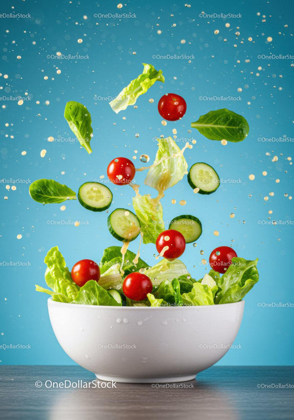 Fresh green salad ingredients falling into bowl