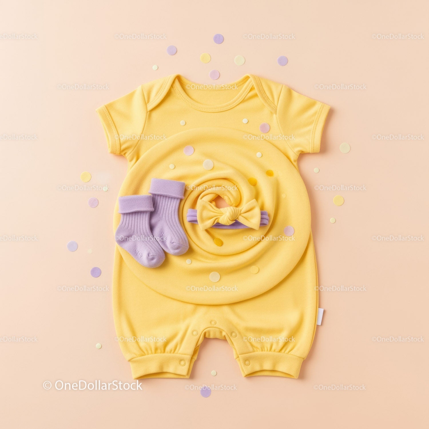 Yellow baby romper with lilac socks and bow headband