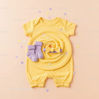 Yellow baby romper with lilac socks and bow headband