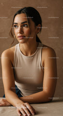 Elegant Young Woman Wearing Beige Top with Earrings Portrait