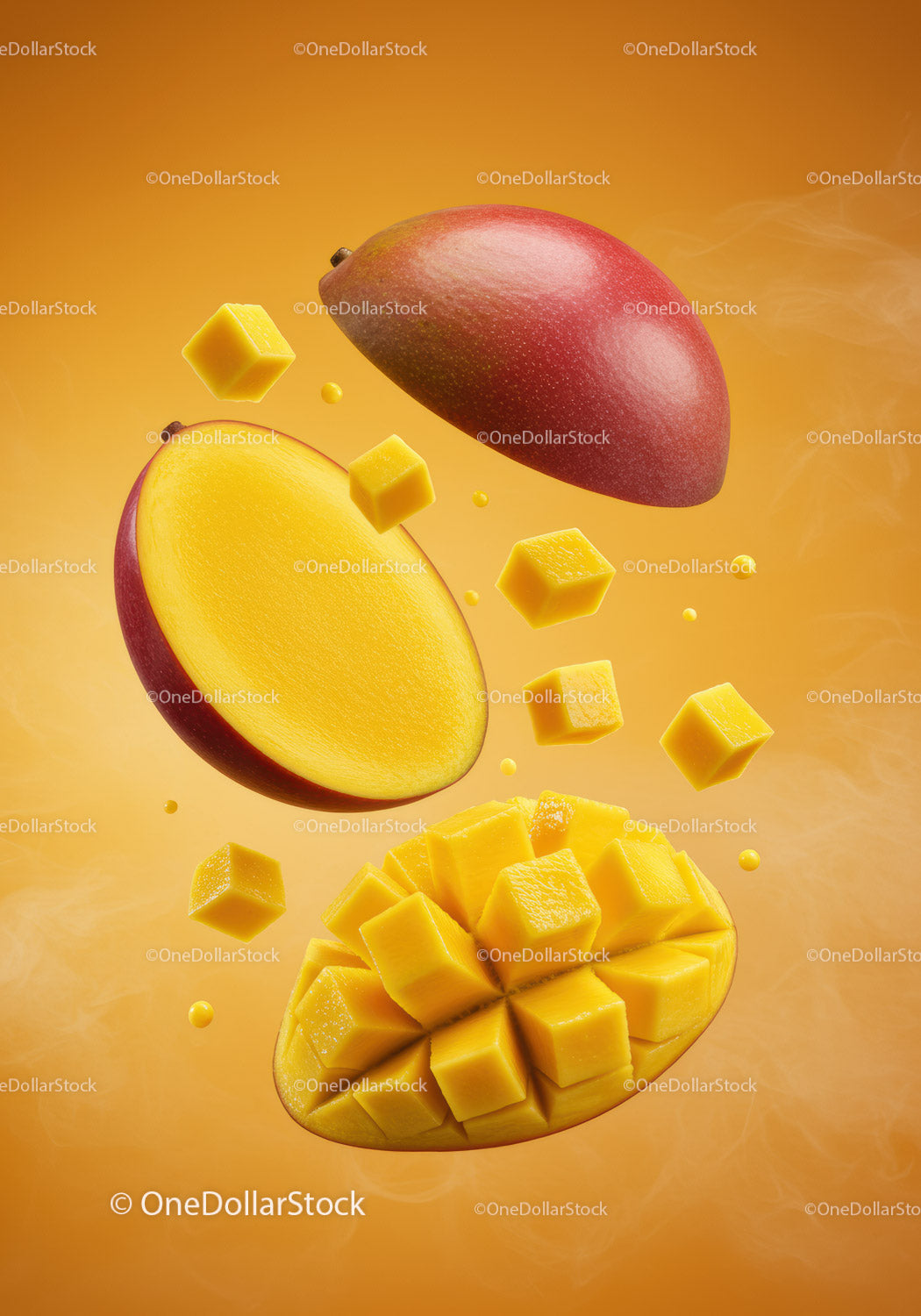 Świeże plasterki i kostki mango unoszące się na pomarańczowym tle