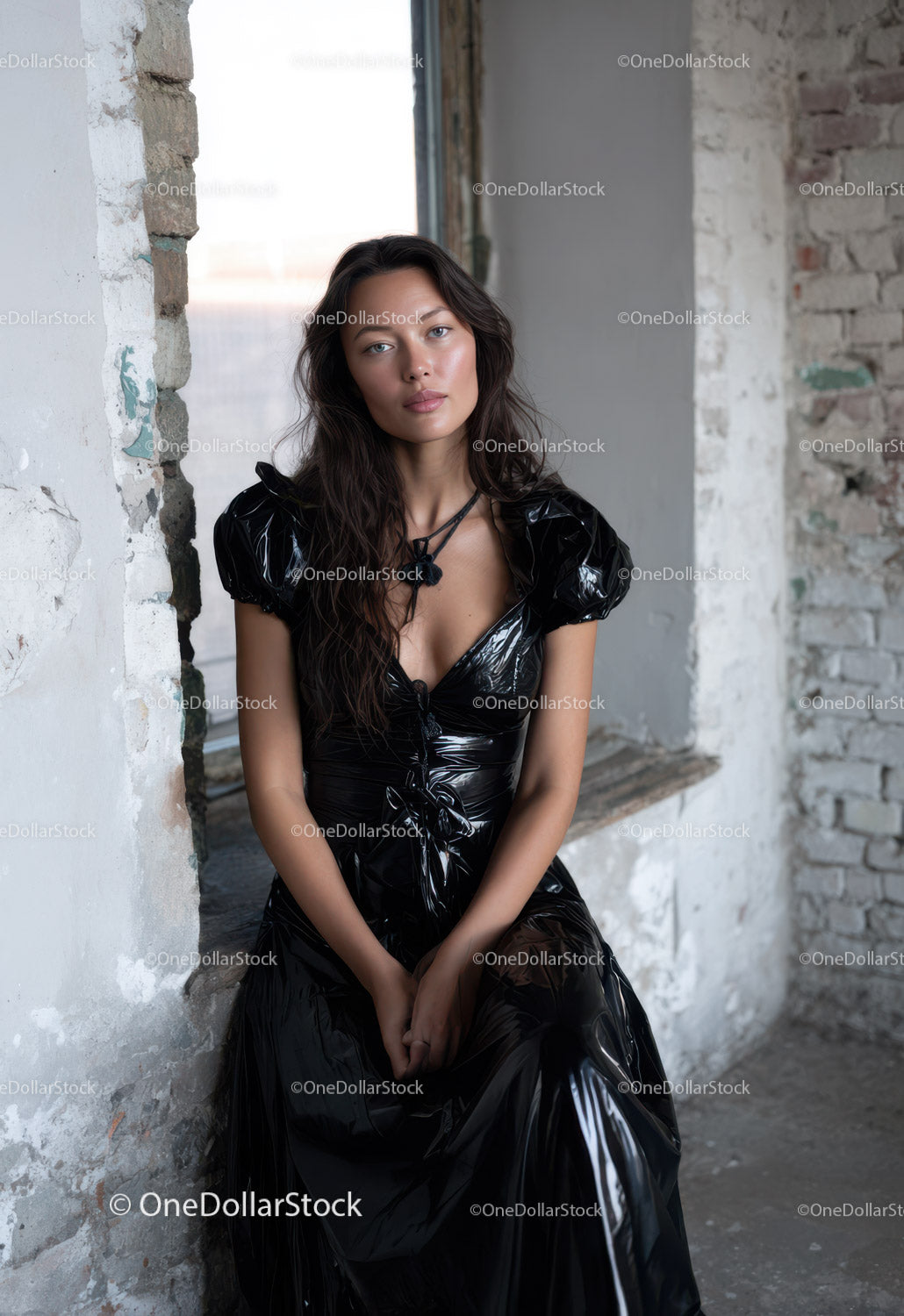 Fashion Model Sitting in Indoor Loft with Brick Wall Background
