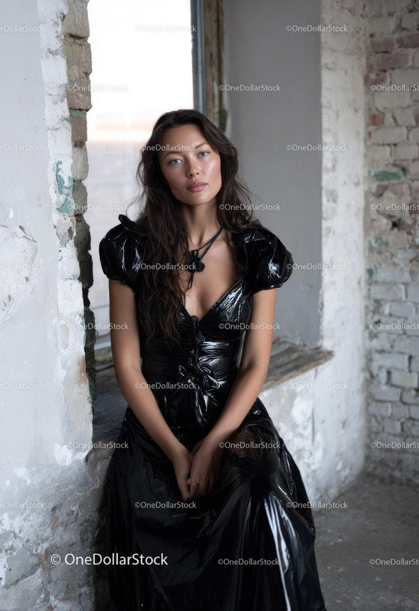 Fashion Model Sitting in Indoor Loft with Brick Wall Background
