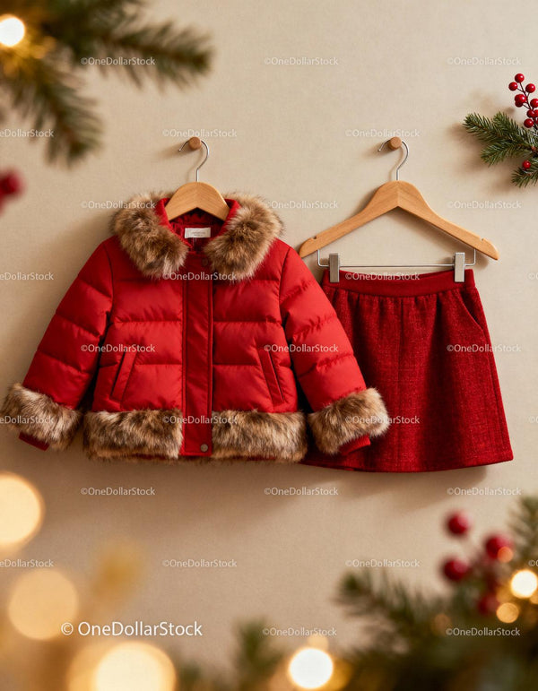 Red winter jacket and skirt hanging on wall hooks