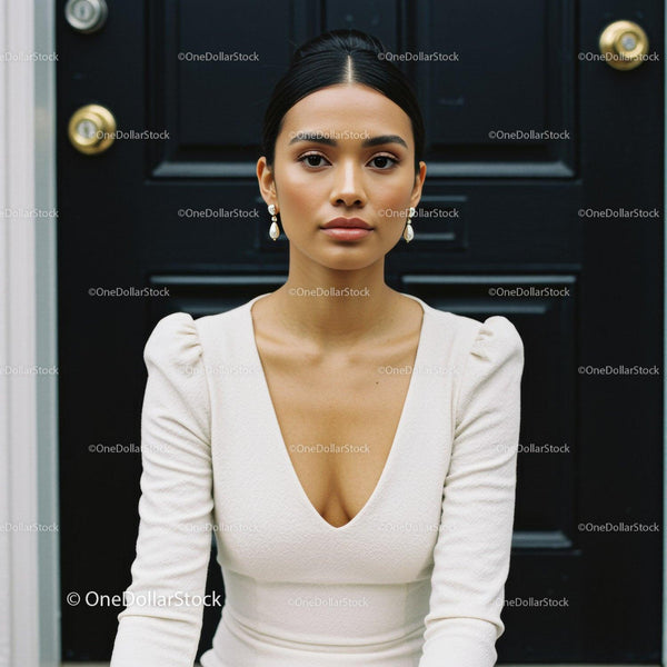 Elegant young woman sitting in front of dark wooden door