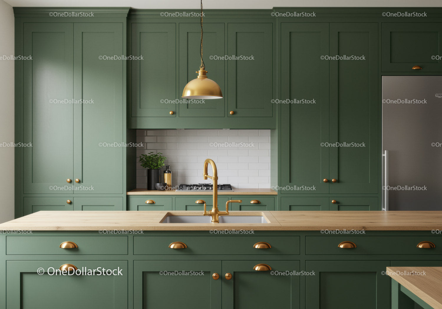 Modern Green Kitchen with Brass Fixtures and Wooden Countertop