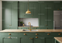 Modern Green Kitchen with Brass Fixtures and Wooden Countertop
