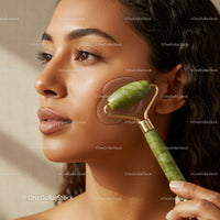 Close-Up of Woman Using Jade Roller for Facial Massage Beauty Care