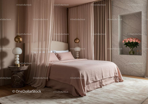 Serene bedroom with soft pink canopy and floral accents