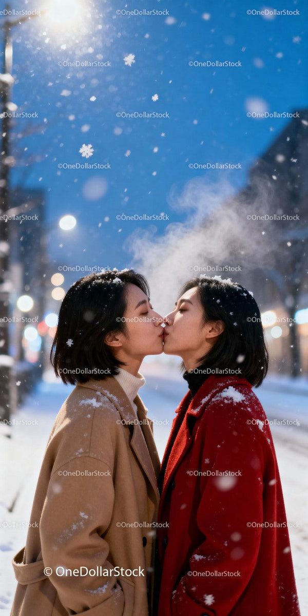 Couple sharing a tender kiss in snowy winter street
