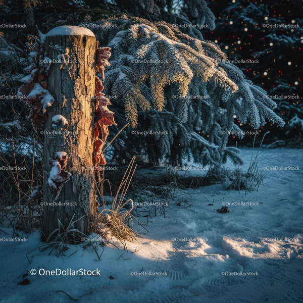Frosty winter scene with snow-covered tree and wooden post