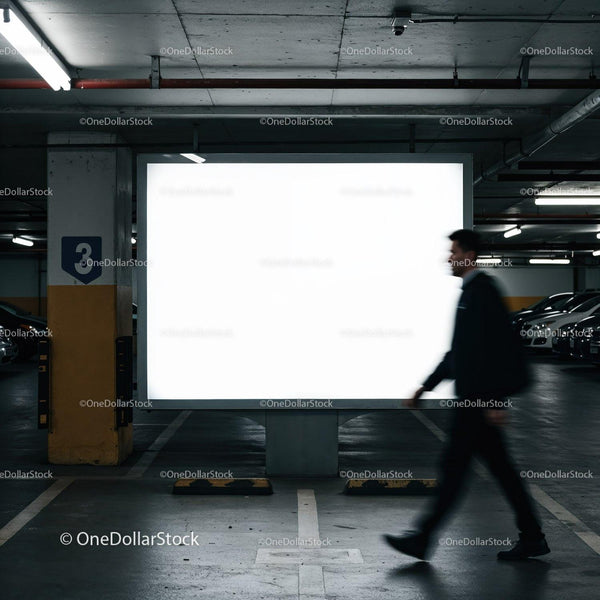 Man walking past blank illuminated billboard in parking garage JPG Mockup Image