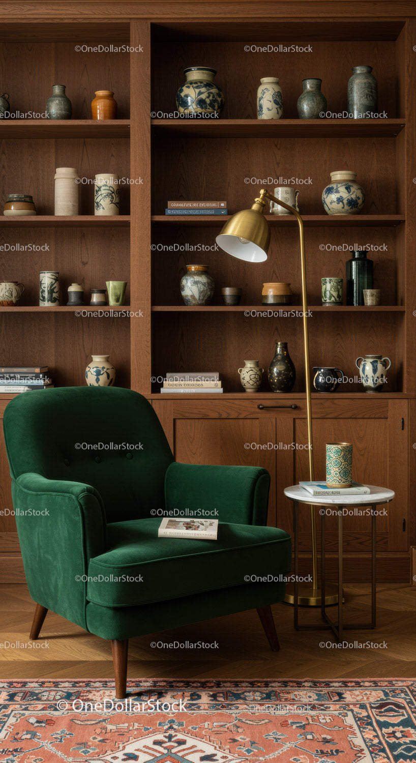 Cozy reading nook with green armchair and wooden shelf