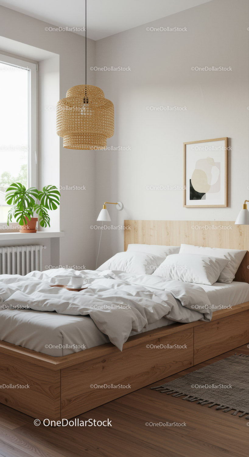 Minimalistyczna sypialnia z przytulnym łóżkiem i naturalnym światłem