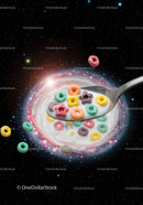 Spoonful of colorful cereal in milk galaxy swirl