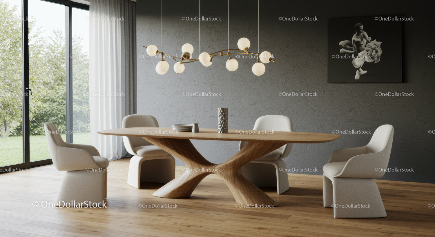 Elegant Modern Dining Room with Wooden Oval Table and Beige Chairs