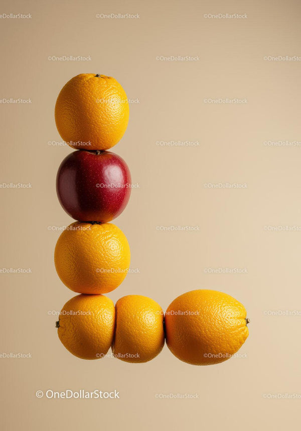 Stacked citrus fruits and apple forming the letter L