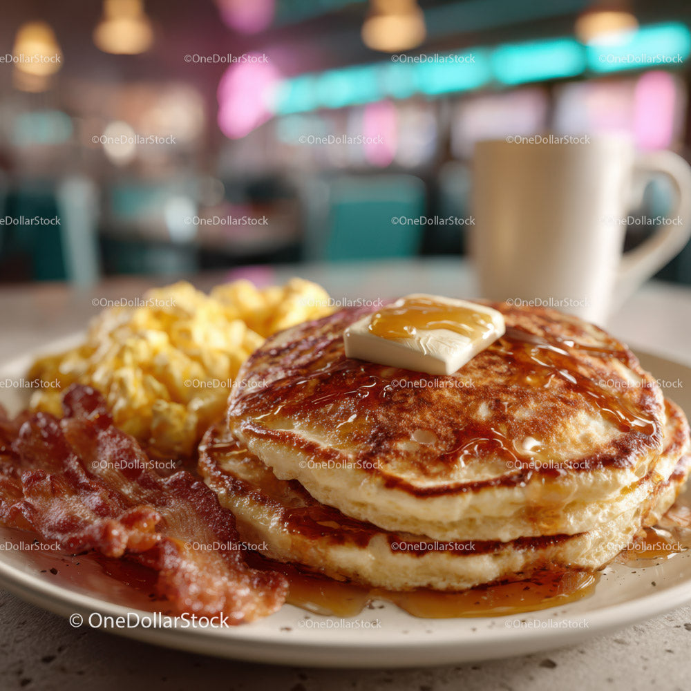 Stack of Fluffy Pancakes with Syrup Bacon and Coffee