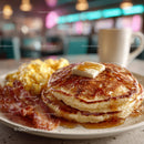 Stack of Fluffy Pancakes with Syrup Bacon and Coffee