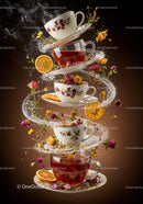 Floating teacups with herbal tea and dried flowers swirl