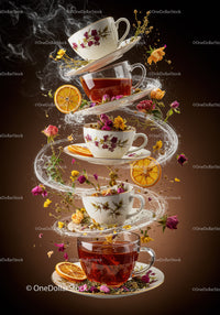 Floating teacups with herbal tea and dried flowers swirl