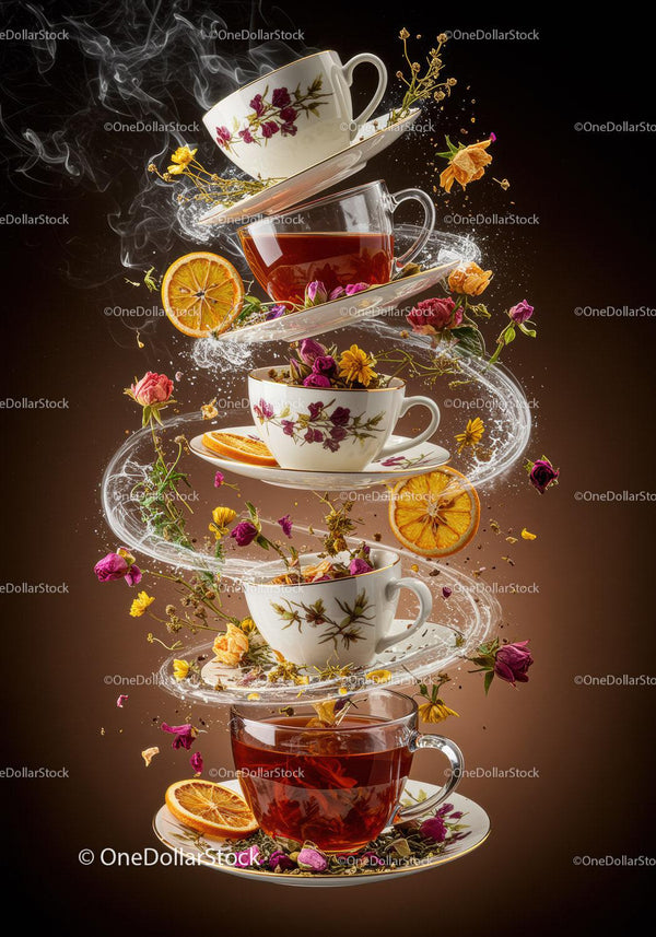 Floating teacups with herbal tea and dried flowers swirl