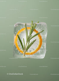 Ice cube with orange slice and rosemary herb
