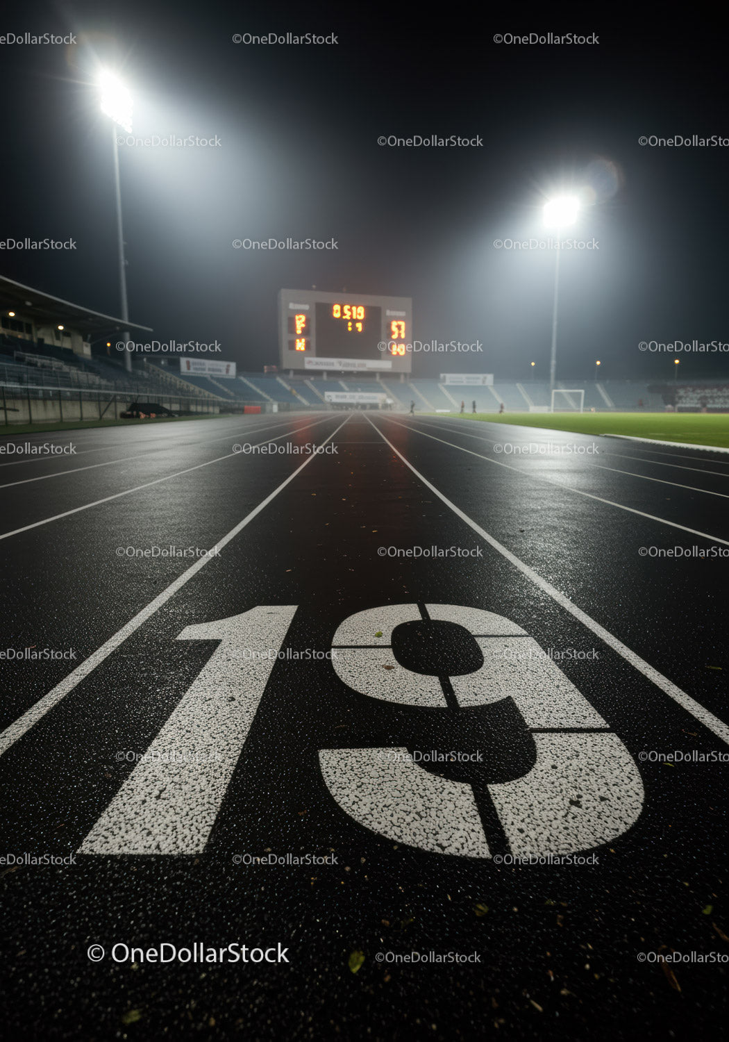 Empty outdoor running track lane nineteen under stadium lights