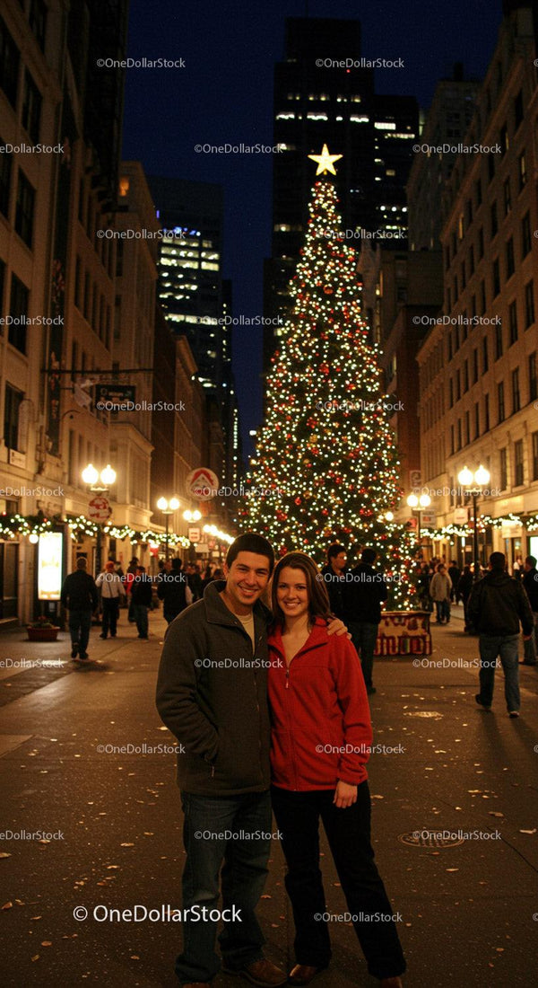 Couple enjoying festive night by decorated Christmas tree