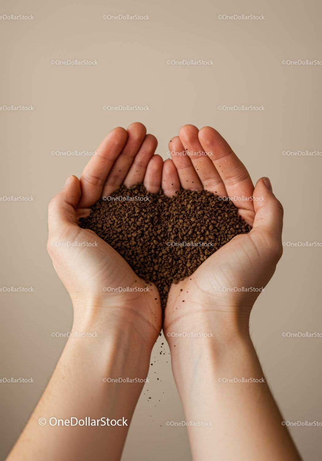 Hands gently holding granulated coffee against neutral background