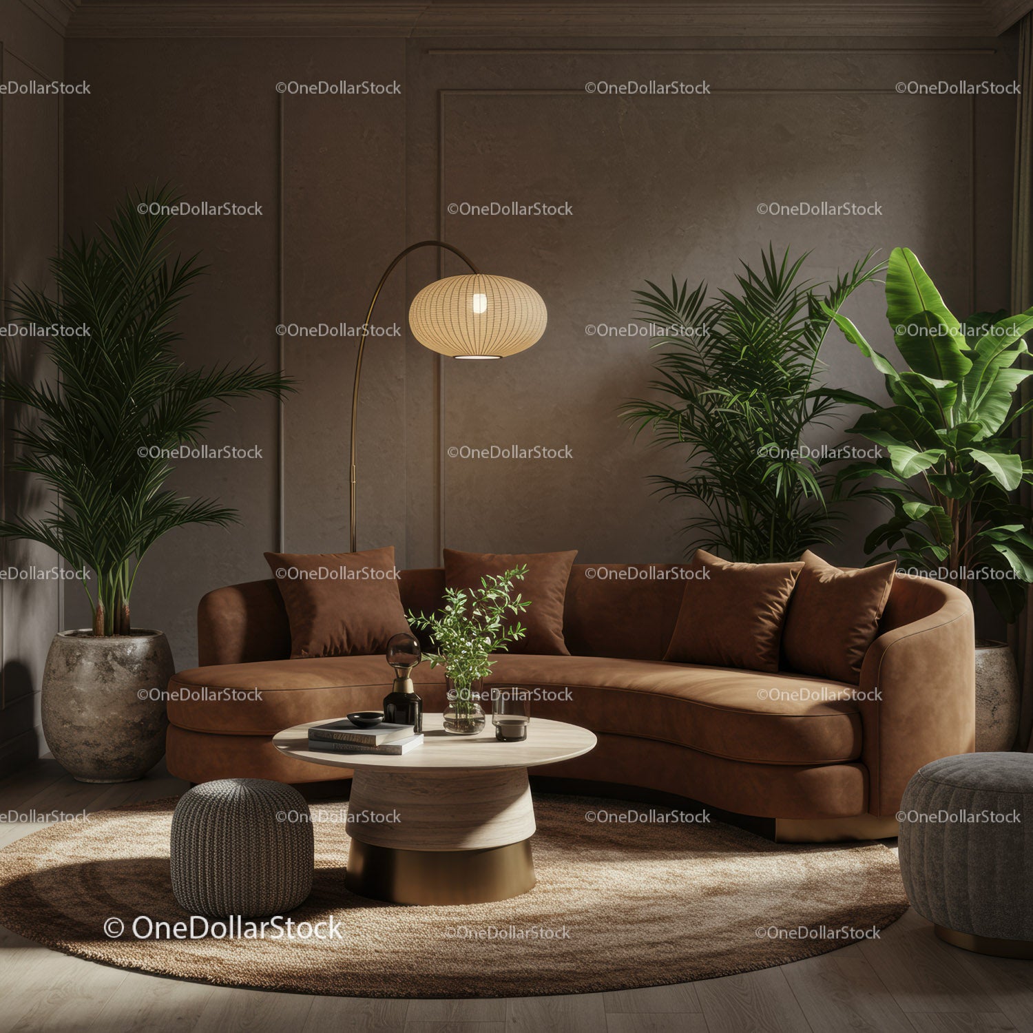 Przytulny salon z wygiętą brązową sofą i roślinami