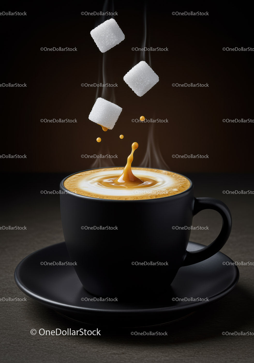 Hot coffee with sugar cubes splashing in black cup