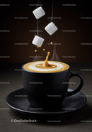 Hot coffee with sugar cubes splashing in black cup