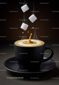 Hot coffee with sugar cubes splashing in black cup