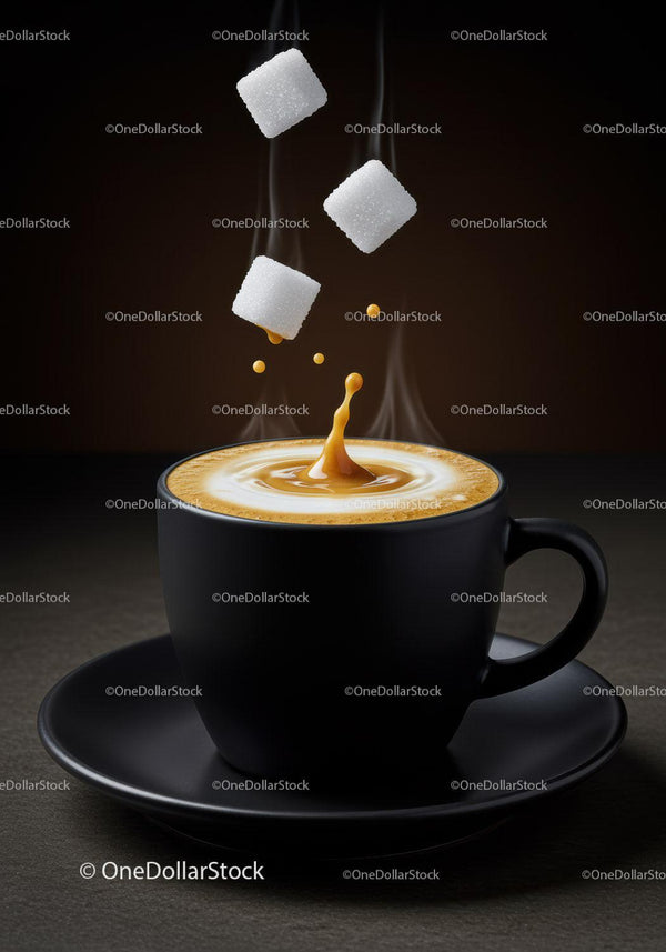 Hot coffee with sugar cubes splashing in black cup