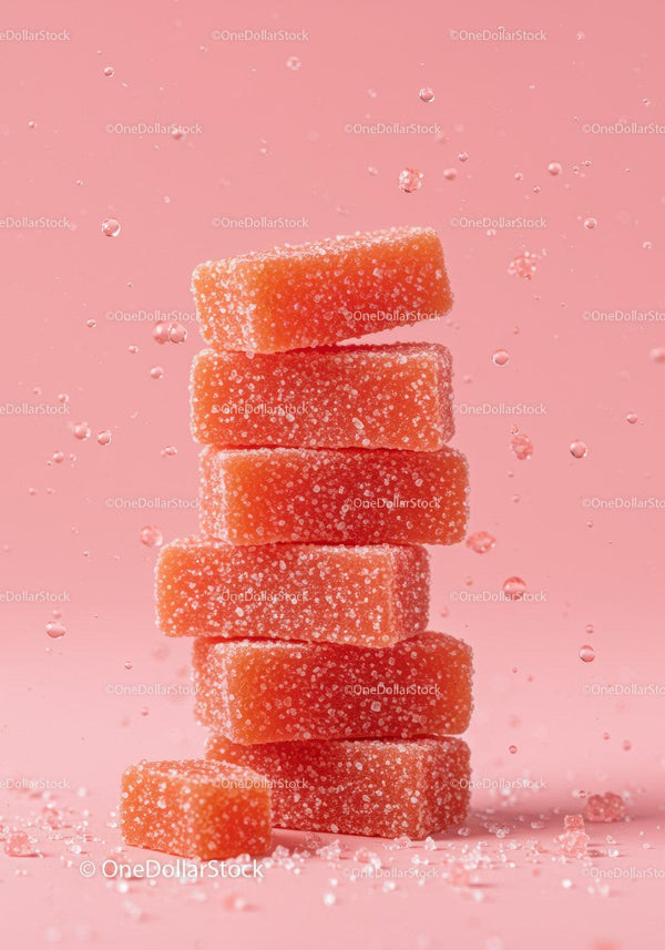 Stack of orange sugar coated gummy candies on pink