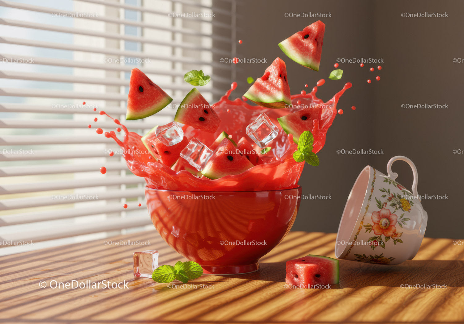 Watermelon slices splashing with ice and mint leaves