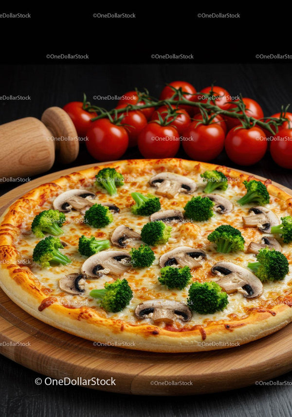 Fresh vegetable pizza with broccoli and mushrooms